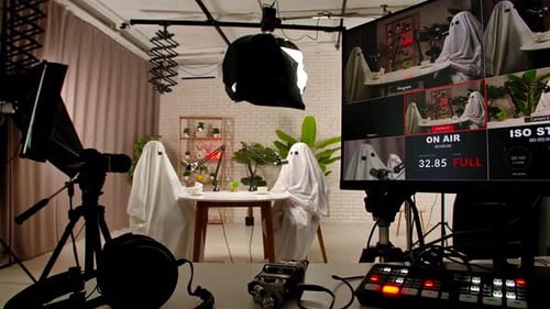 Two Funny Ghosts Record a Podcast in a Studio