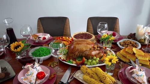 Festive Thanksgiving Table with Turkey and Traditional Dishes