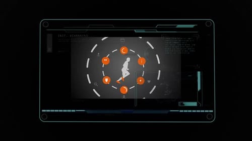Animation des Bildschirms mit laufender Person und Datenverarbeitung