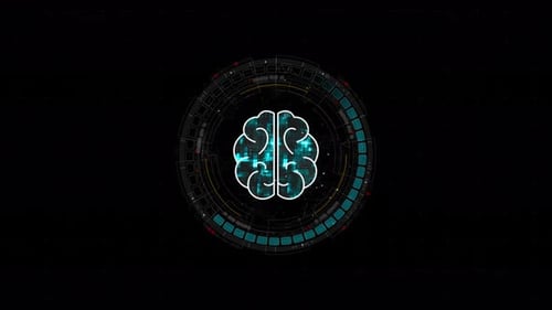Blue digital robot brain logo and circle futuristic HUD elements with Ai chatbot