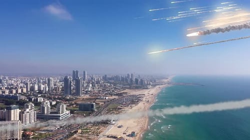 Meteors burning above coastline city in fast speed,aerial