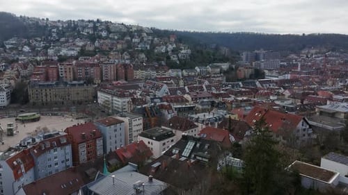 City of Stuttgart in Germany Seen From Above Showing Downtown Square Called Marienplatz Red Roofs