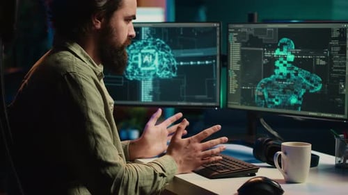 Sentient AI Gains Humanoid Form Inside Computer Waving Hand Greeting Creator