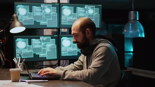Codificador de TI estressado hackeando sistema de segurança no computador