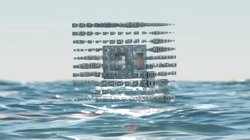Forme de cube métallique abstraite sur fond de boucle transparente sur les vagues de l'océan