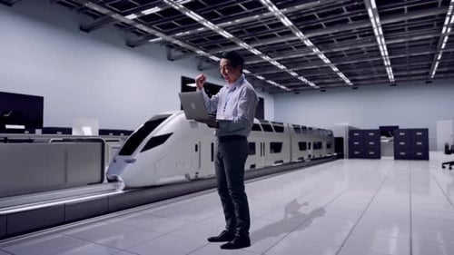 Modern Facility Engineer with Laptop by High-Speed Train