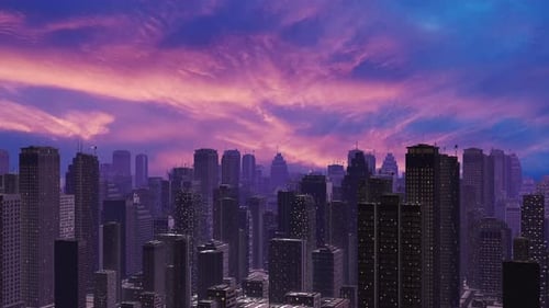 Panorama del horizonte abstracto de la ciudad con el reflejo del cielo rosa en los rascacielos modernos