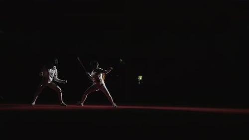Fight Of Fencers Sportswomen In Fencing Track Female Silhouettes With Rapiers Slow Motion