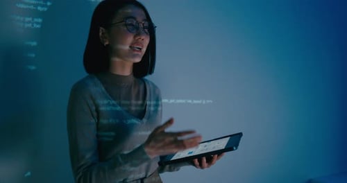 Asia female software developer mentor leader manager talk strategy plan to executive write prompt.