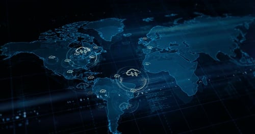 Símbolo de armazenamento de servidores de computação em nuvem no mapa mundial