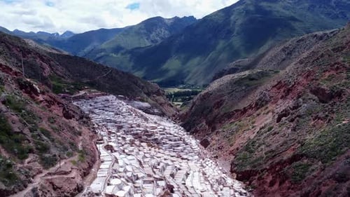 Salt Mines of Maras in the Sacred Valley of Peru, panoramic aerial overview of valley with pools