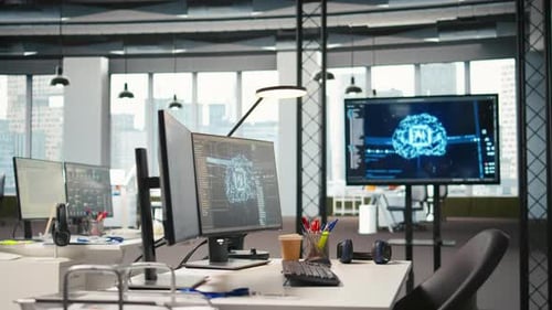 Monitor de PC na mesa de inicialização do Office mostra redes neurais de inteligência artificial