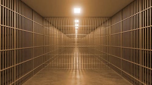 Prison cell door opening, revealing empty corridor