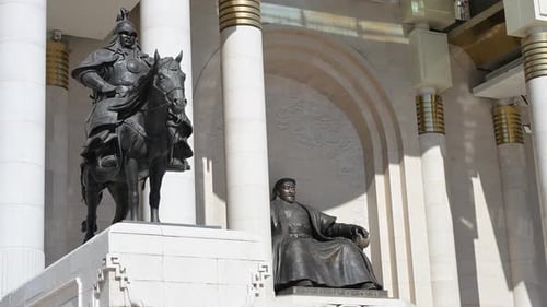 Sunny Day at Sukhbaatar Square, Ulaanbaatar: Genghis Khan Bronze Statue & Mounted Soldier