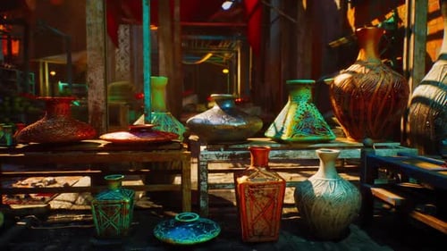 Ornate Ceramic Vases in Traditional Art Market Stall