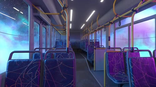 Interior of an Empty Bus is Traveling Through Colorful Nebulae Visible Through Its Large Windows