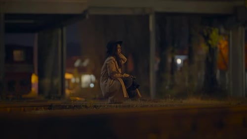 Woman with Camera Underneath a Bridge at Night