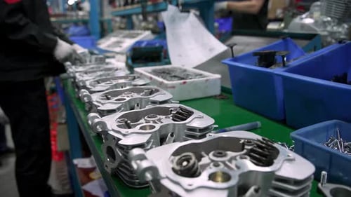 Mechanical Component Installation Process During Engine Assembly Factory Line