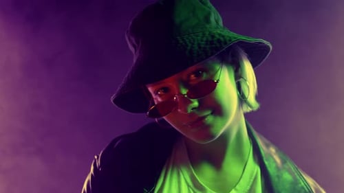 Z Generation Beautiful Teen Girl in Leather Jacket Panama Hat Eyewear
