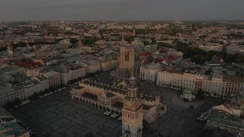 Drone shot of The Cloth Hall on sunset in Krakow