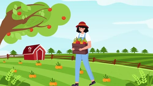 Animated Farmer Walking with Vegetables on an Organic Farm