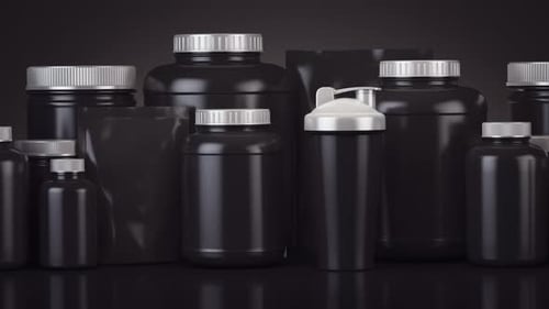 Sport Nutrition Black Cans and Bottles with Sport Food Whey Protein Powder and Energy Supplements
