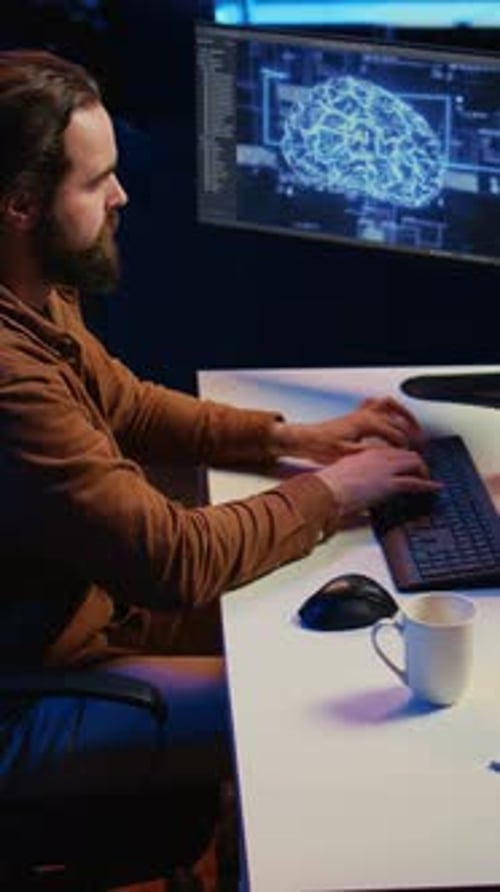 Young Adult Working on Computer with Brain Image