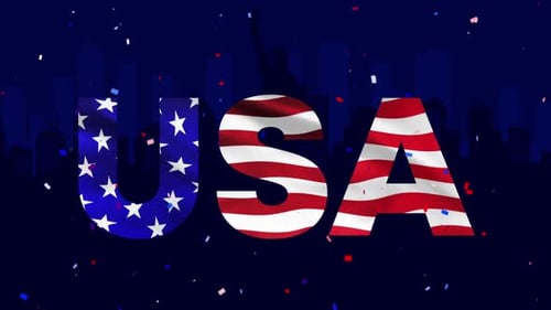 USA Text with Waving American Flag and Confetti Celebration