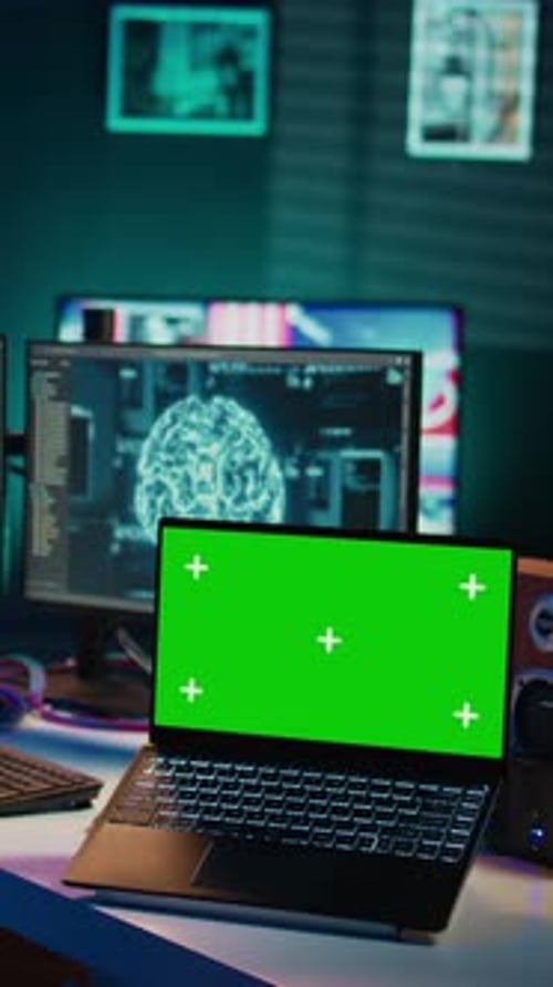 Vertical Video IT Admin Coding and Using EEG Headset to Upload Brain Into Green Screen Laptop
