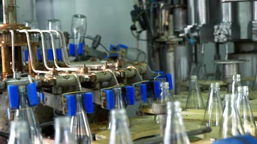 Empty Glass Bottles on a Conveyor Indicate a Modern Distillery's Alcoholic Beverage Production and