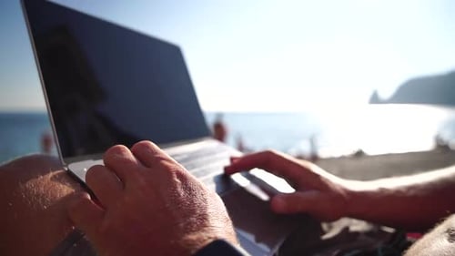 Man Laptop Sea Working Remotely on Seashore Happy Successful Man Male Freelancer Working on Laptop