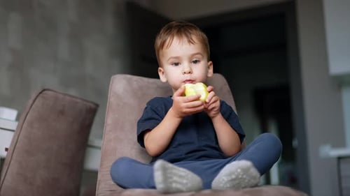 Child Eats Yellow Apple Sitting in Chair