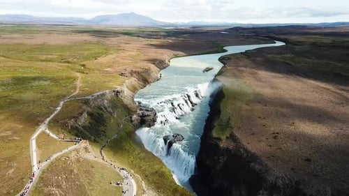 Gullfoss Waterfall Aerial View in Iceland's Vast Landscape
