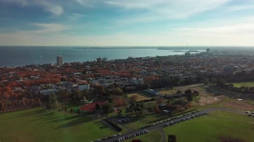 Melbourne city suburban housing coast line aerial view, Australia
