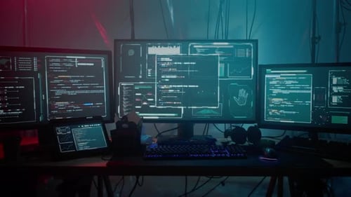 Front View of Computer Setup with Multiple Monitors on Desk