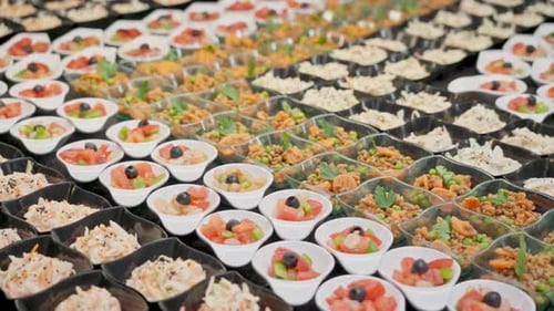 Decorated Festive Buffet Table in Glasses for Lunch in a Hotel for Tourists Food