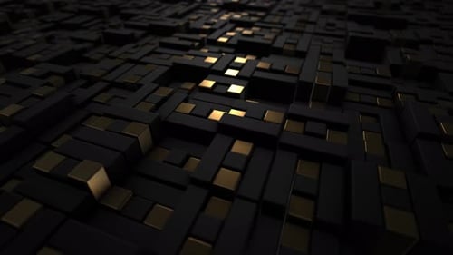 Dark black and golden abstract background with plenty of randomly floating three-dimensional blocks