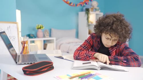Young Boy Studying at Desk with Laptop and Notebook