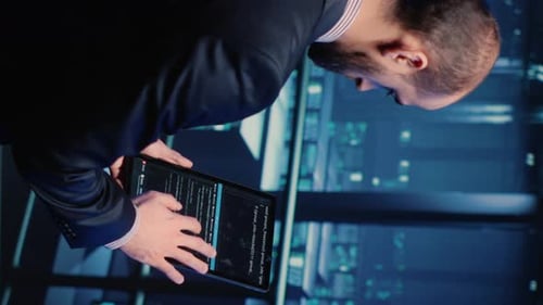 Man Types Code on Tablet with Digital Background