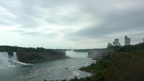 Panoramic landscape view of Niagara Falls, water flowing down the waterfall creating steam, on a clo
