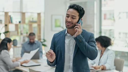 Businessman, phone call and conversation in meeting for communication, leadership