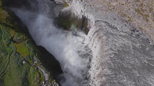 Aerial View of Dettifoss Waterfall Cascading Into a Deep Canyon