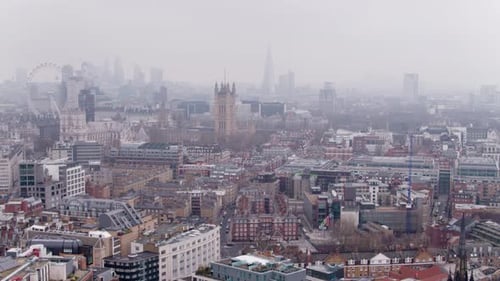 This shot depicts a panoramic view of London with a clear outlines of the most loved historical monu