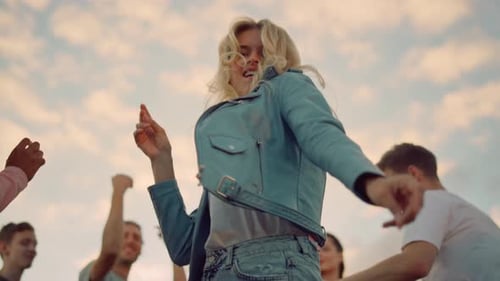 Bottom View Cute Girl Having Fun With Friends At Sunset Disco. Closeup Smiling Woman Dancing For ...