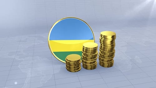 3D Rwanda Flag with Stacking Gold Coins Finance Animation