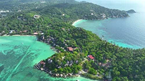 Drone aerial view captures stunning island. 4K.