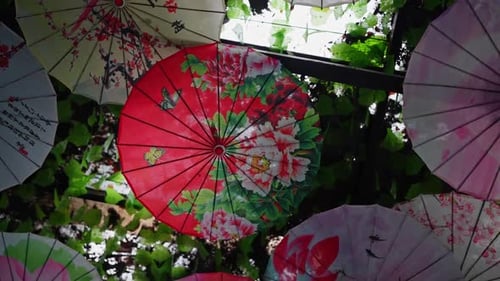 Colorful Hanging Paper Umbrellas Featuring a Vibrant Display in a Lush Green Natural Setting