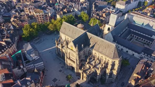 Aerial view of Saint-Aubin Basilica in Rennes at sunrise