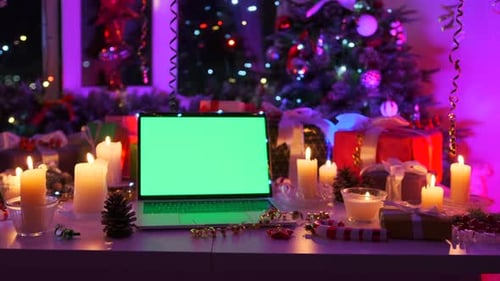 Close up, laptop green screen place promo ads offer, night time, among flickering garlands