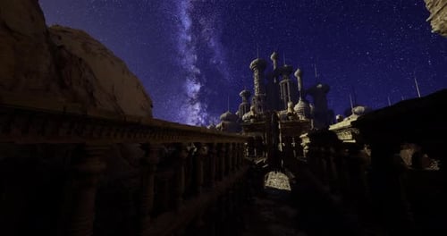 Stunning Night Sky View Over an Ancient Castle Surrounded By Mountains